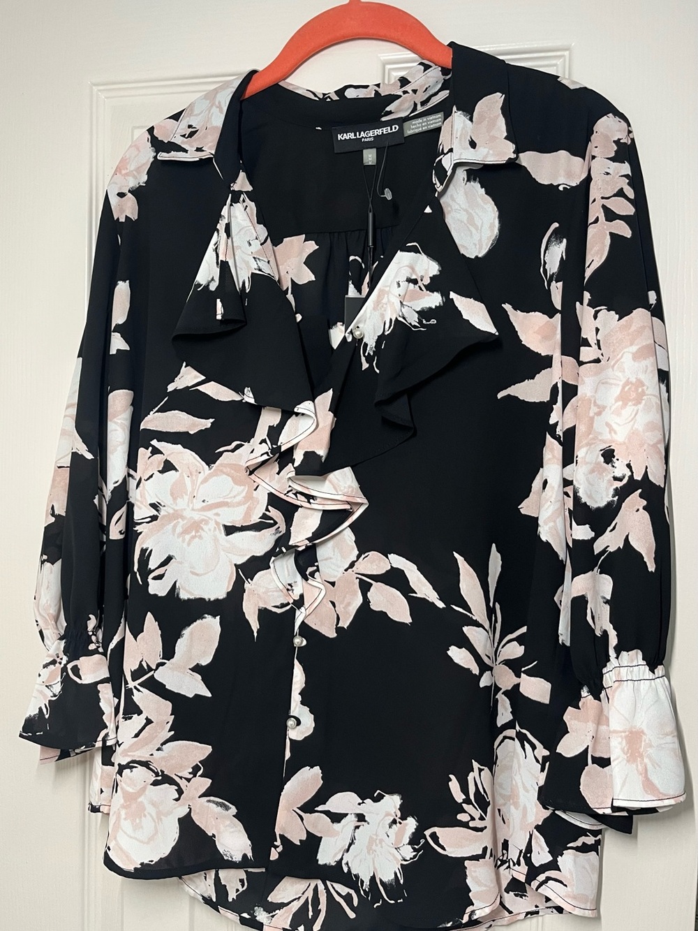 Karl Lagerfeld Black Blouse with Pink and White Floral Ruffle
